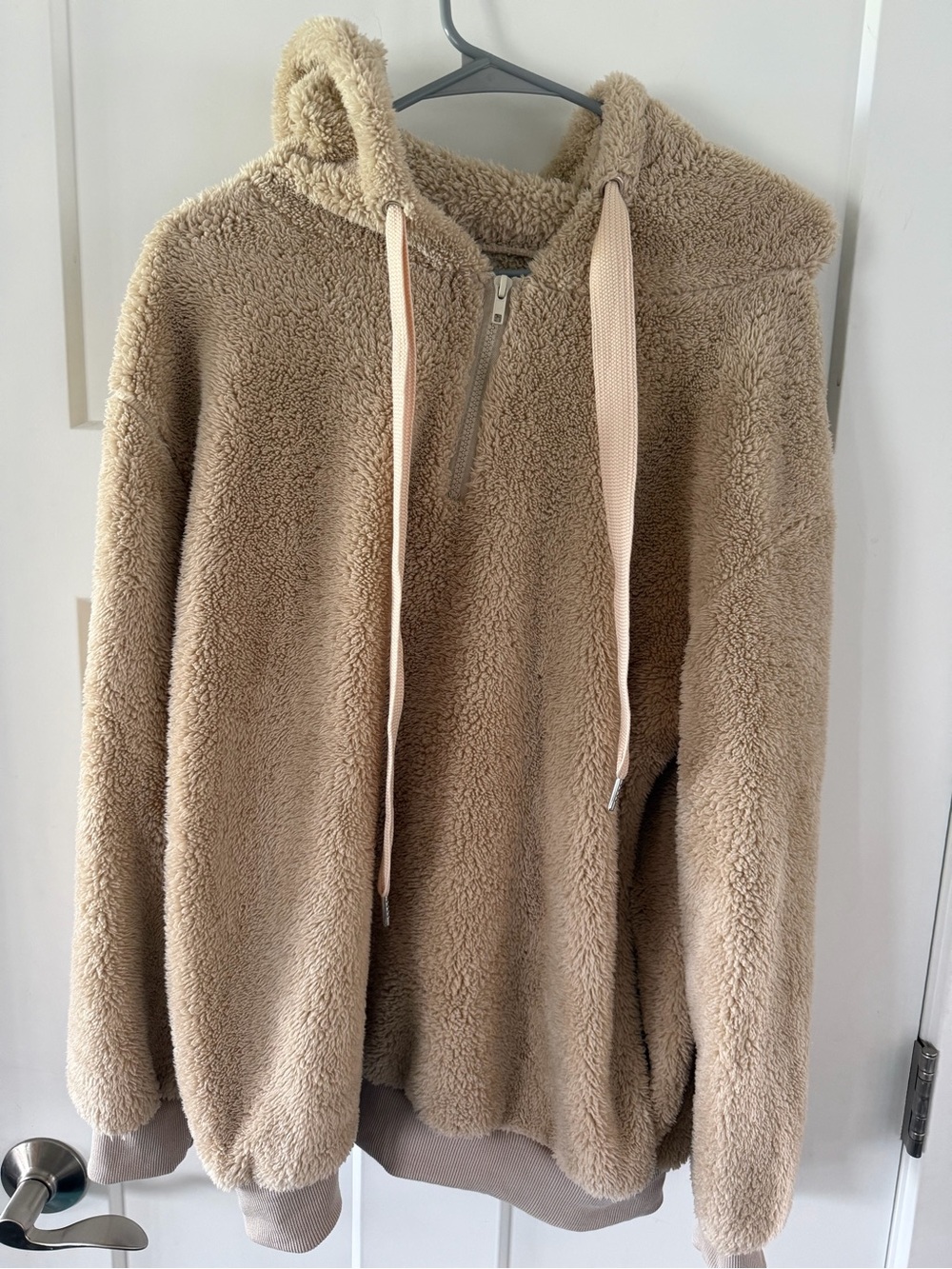 Super Soft Cozy Half-Zip Hooded Sherpa Pullover - Taupe - Small